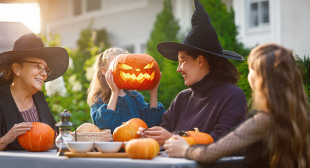 Happy family preparing for Halloween. Mother, grandmother and children carving pumpkins in the backyard of the house.の写真素材