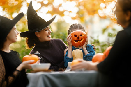 Happy family preparing for Halloween. Mother, grandmother and children carving pumpkins in the backyard of the house.の写真素材