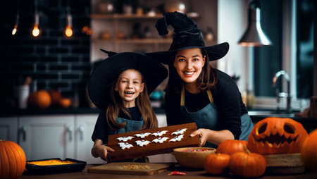Mother and her daughter having fun at home. Happy Family preparing for Halloween. Mum and child cooking festive fare in the kitchen.の写真素材