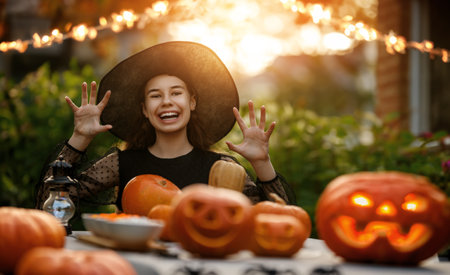 Happy girl preparing for Halloween. Child is carving pumpkins in the backyard of the house.の写真素材