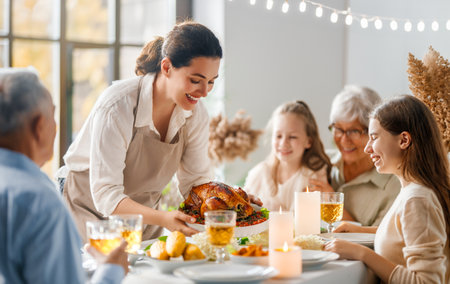 Thanksgiving Day, Autumn feast. Happy family sitting at the table and celebrating holiday. Grandparents, mother and children. Traditional dinner.の写真素材