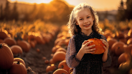 Happy child girl with orange pumpkins in the field outdoor.の写真素材
