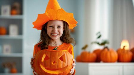 Cute little child girl with carving pumpkin. Happy family preparing for Halloween.の写真素材