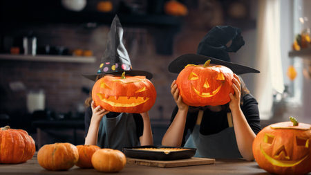 Mother and her daughter having fun at home. Happy Family preparing for Halloween. Mum and child cooking festive fare in the kitchen.の写真素材