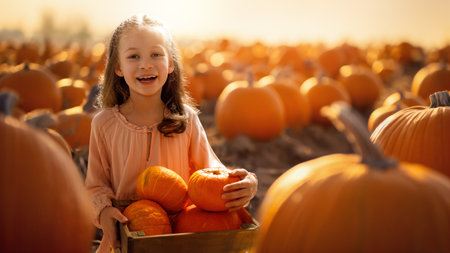 Happy child girl with orange pumpkins in the field outdoor.の写真素材