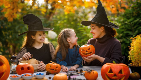 Happy family preparing for Halloween. Mother and children carving pumpkins in the backyard of the house.の写真素材