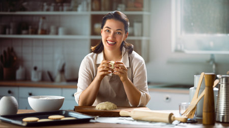 Happy woman is preparing bakery. Girls is cooking cookies in the kitchen. Homemade food.