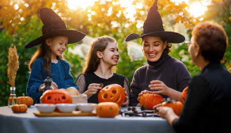 Happy family preparing for Halloween. Mother, grandmother and children carving pumpkins in the backyard of the house.の写真素材