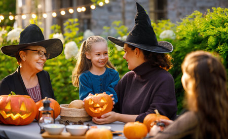 Happy family preparing for Halloween. Mother, grandmother and children carving pumpkins in the backyard of the house.の写真素材