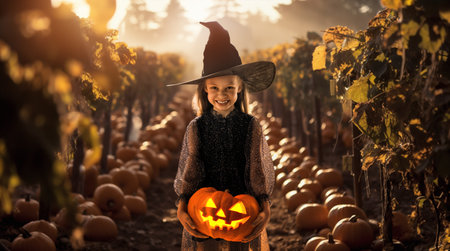 Happy child girl with orange pumpkins in the field outdoor. Happy family preparing for Halloween.の写真素材