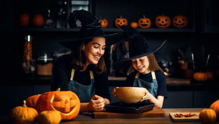 Mother and her daughter having fun at home. Happy Family preparing for Halloween. Mum and child cooking festive fare in the kitchen.の写真素材