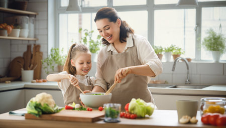 Healthy food at home. Happy family in the kitchen. Mother and child daughter are preparing proper meal.の写真素材