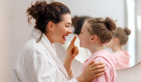 Happy family. Mother and daughter child girl are caring for skin in the bathroom.の写真素材