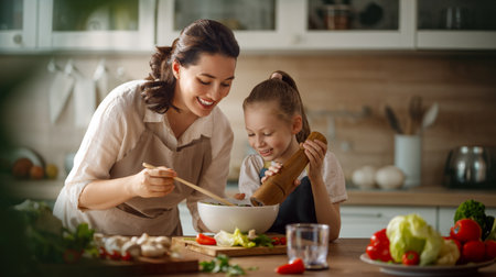 Healthy food at home. Happy family in the kitchen. Mother and child daughter are preparing proper meal.の写真素材