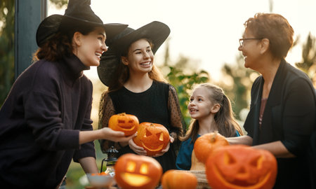 Happy family preparing for Halloween. Mother, grandmother and children carving pumpkins in the backyard of the house.の写真素材
