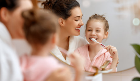 Happy family! Mother and daughter child girl are brushing teeth toothbrushes in the bathroom.の写真素材