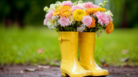 Rubber boots with flowers in rustic style on green background. Generative AIの素材