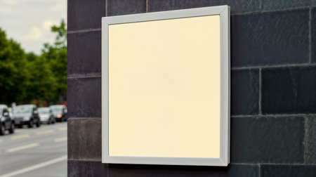 Large blank advertising poster billboard banner mockup in front of building in urban city; digital light box display screen. Generative AIの素材