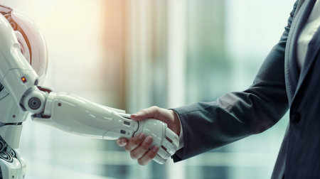 Human and robot handshaking. Generative AIの素材
