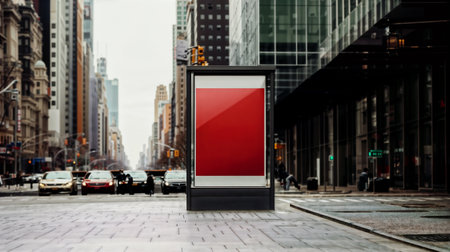 Large blank advertising poster billboard banner mockup in front of building in urban city; digital light box display screen. Generative AIの素材