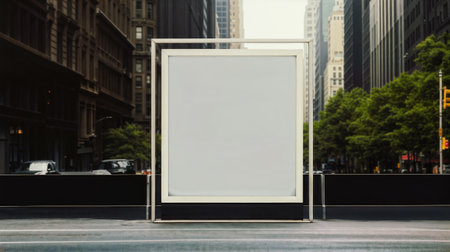 Large blank advertising poster billboard banner mockup in front of building in urban city; digital light box display screen. Generative AIの素材