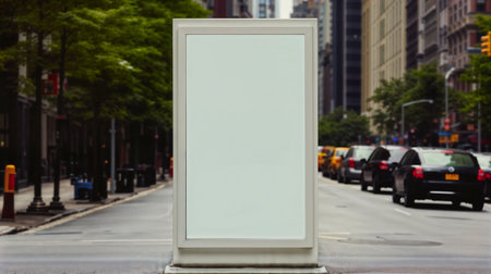 Large blank advertising poster billboard banner mockup in front of building in urban city; digital light box display screen. Generative AIの素材