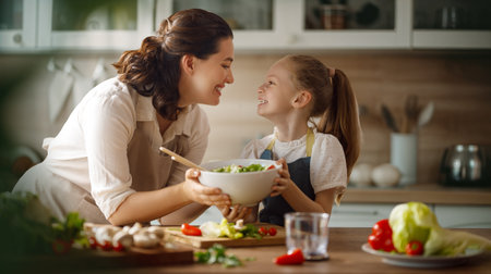 Healthy food at home. Happy family in the kitchen. Mother and child daughter are preparing proper meal.の写真素材