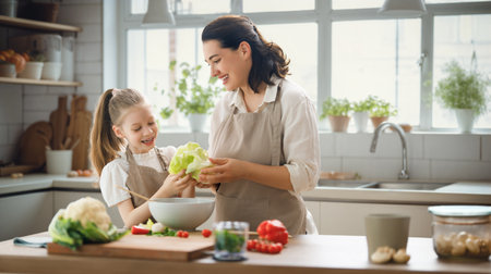 Healthy food at home. Happy family in the kitchen. Mother and child daughter are preparing proper meal.の写真素材