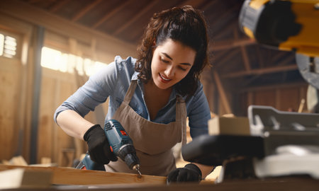 Young woman carpenter is working in a workshop.の写真素材