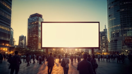 Large blank advertising poster billboard banner mockup in front of building in urban city; digital light box display screen. Generative AIの素材