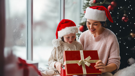 Merry Christmas and Happy Holidays. Cheerful mom and her cute daughter girl exchanging gifts. Parent and little child having fun near tree indoors. Morning Xmas.の写真素材