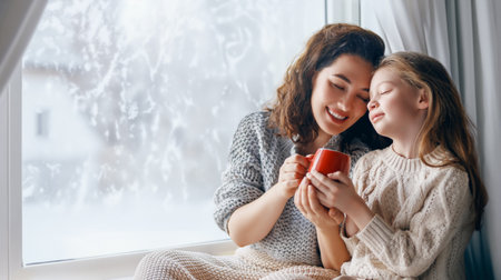 Happy loving family. Mother and daughter are hugging and drinking hot beverage enjoying winter nature in the  window.の写真素材