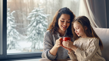Happy loving family. Mother and daughter are hugging and drinking hot beverage enjoying winter nature in the  window.の写真素材