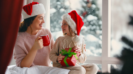 Merry Christmas and Happy Holidays. Cheerful mom and her cute daughter girl exchanging gifts. Parent and little child having fun near tree indoors. Morning Xmas.の写真素材