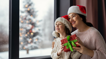 Merry Christmas and Happy Holidays. Cheerful mom and her cute daughter girl exchanging gifts. Parent and little child having fun near tree indoors. Morning Xmas.の写真素材