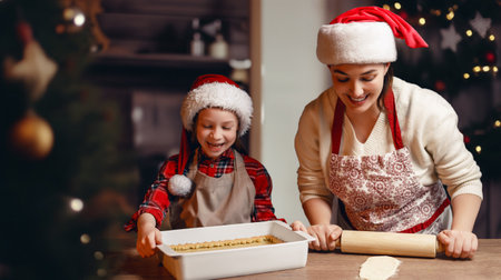 Merry Christmas and Happy Holidays. Family preparation holiday food. Mother and daughter cooking pie.の写真素材