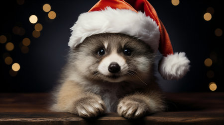 Christmas time. Cute raccoon in Santa Claus hat. Generative AIの素材