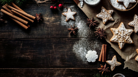 Traditional Christmas cookies on wooden background. Generative AIの素材