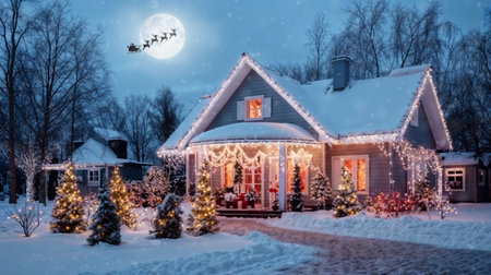 Merry Christmas and happy holidays! Santa Claus flying in his sleigh on background moon sky. Christmas story concept. Generative AIの素材