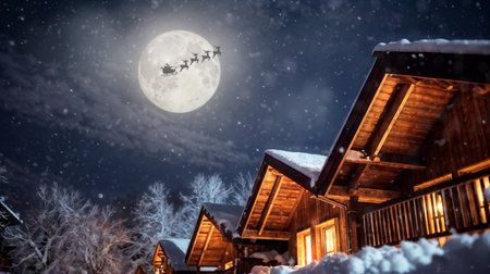 Merry Christmas and happy holidays! Santa Claus flying in his sleigh on background moon sky. Christmas story concept. Generative AIの素材