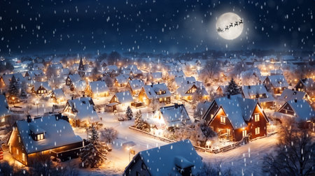 Merry Christmas and happy holidays! Santa Claus flying in his sleigh on background moon sky. Christmas story concept. Generative AIの素材