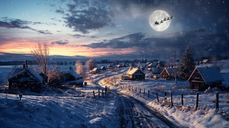 Merry Christmas and happy holidays! Santa Claus flying in his sleigh on background moon sky. Christmas story concept. Generative AIの素材