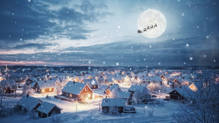 Merry Christmas and happy holidays! Santa Claus flying in his sleigh on background moon sky. Christmas story concept. Generative AIの素材