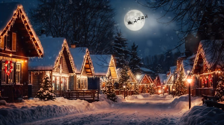 Merry Christmas and happy holidays! Santa Claus flying in his sleigh on background moon sky. Christmas story concept. Generative AIの素材