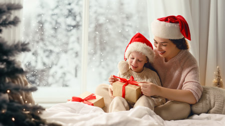Merry Christmas and Happy Holidays. Cheerful mom and her cute daughter girl exchanging gifts. Parent and little child having fun near tree indoors. Morning Xmas.の写真素材