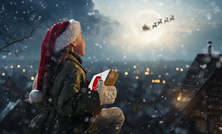 Merry Christmas. Cute little child with xmas present. Santa Claus flying in his sleigh against moon sky. Happy kid enjoy the holiday. Portrait of girl with gifts on dark background.の写真素材