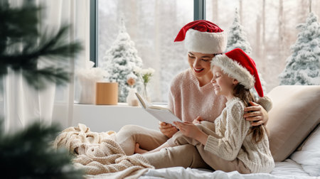 Merry Christmas and Happy Holidays. Cheerful mom and her cute daughter girl reading a book. Parent and little child having fun near tree indoors. Morning Xmas.の写真素材