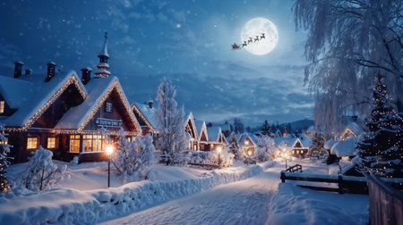 Merry Christmas and happy holidays! Santa Claus flying in his sleigh on background moon sky. Christmas story concept. Generative AIの素材