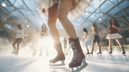 Beautiful girl in a skirt skating in winter. Generative AIの素材