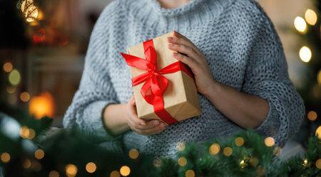 Merry Christmas and Happy Holidays. Hands with gift box. Close up.の写真素材